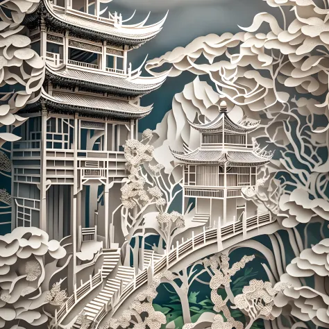 8K, Best quality, Masterpiece, Ultra-high resolution, (photo-realistic:1.4), RAW photo, Close-up, paper cut out, Chinese architecture, ，gardens,Landscapes, Sea of clouds, Sharp focus, Ray tracing, Intricate details,
