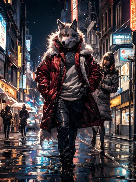 (better detailing, high quality), furry wolf, walking through the city, (night, bright lights, urban environment), (dynamic fram...