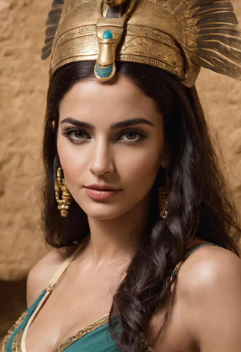 Adult Egyptian woman, greeneyes, black hair highlights, makeups, upperbody, gazing at viewer, detailed background, face detailed, OldEgyptAI, ancient egyptian theme, (35mm style:1.1), 正面, Masterpiece artwork, , cinematic lighthing, (photorrealistic :1,5), High frequency details, front-facing, faceing the viewer, looking to the viewer, Cleopatra