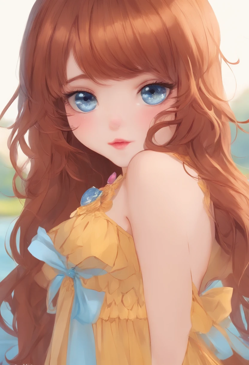 cinnamon hair with bangs, big yellow eyes, pink cheeks, blue dress, rainbow open mouth