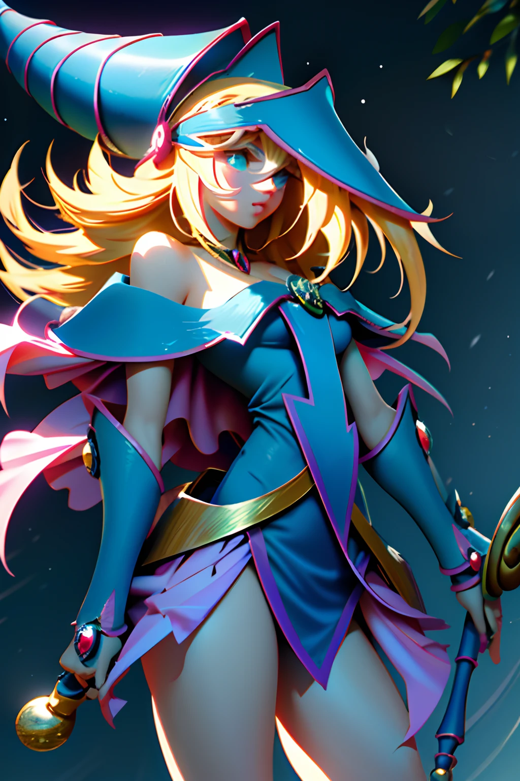 dark magician girl, realist, 1girl, (Magical Girl:1.4), long blonde hair, (blue eyes), (Crystals, bright bokeh), uniforme de dark magician girl, (huge breasts:1.25), neckline, Wide hips, small waist, clavicle, parted lips, make-up, blush, shiny skin, evening, reflecion, full moon, Moonlight, rosa. sexy