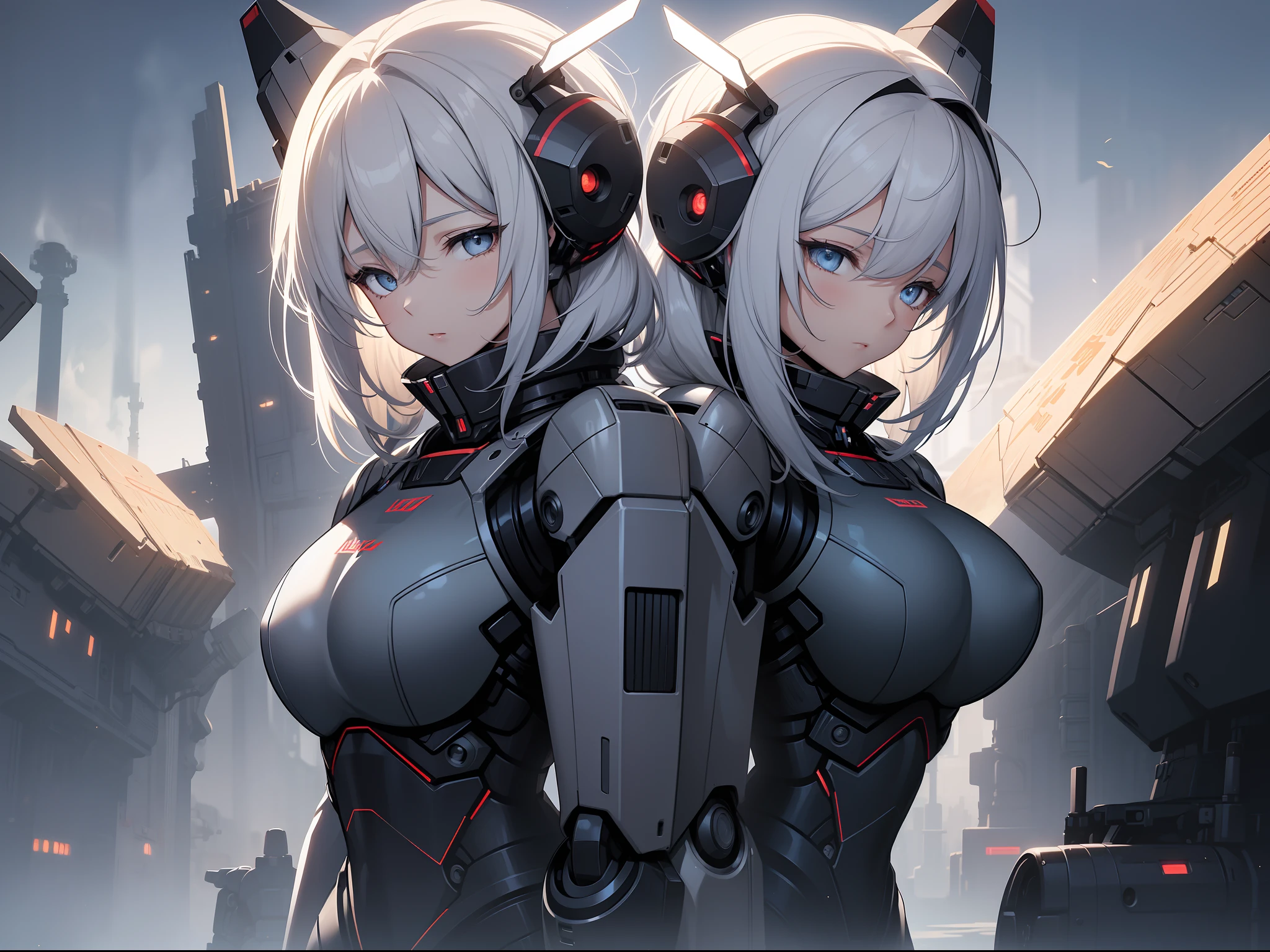 (Masterpiece), 2girl, twin sisters, short girl, medium breasts, bare shoulder, twintails hair, white hair, (robot body), (robot arms), (robot legs), nice hands, perfect hands, detailed eyes, highly detailed beautiful face and eyes, half-closed eyes, look away, scenery, moon, darkness, light particles, smoke, wind, more_details:0.5