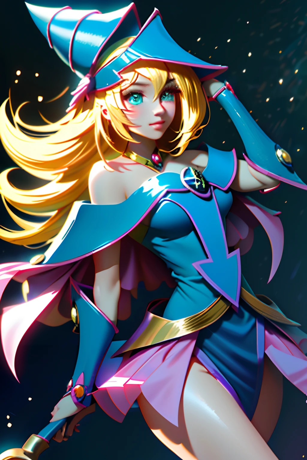 dark magician girl, realist, 1girl, (Magical Girl:1.4), long blonde hair, (blue eyes), (Crystals, bright bokeh), uniforme de dark magician girl, (huge breasts:1.25), neckline, Wide hips, small waist, clavicle, parted lips, make-up, blush, shiny skin, evening, reflecion, full moon, Moonlight, rosa. sexy