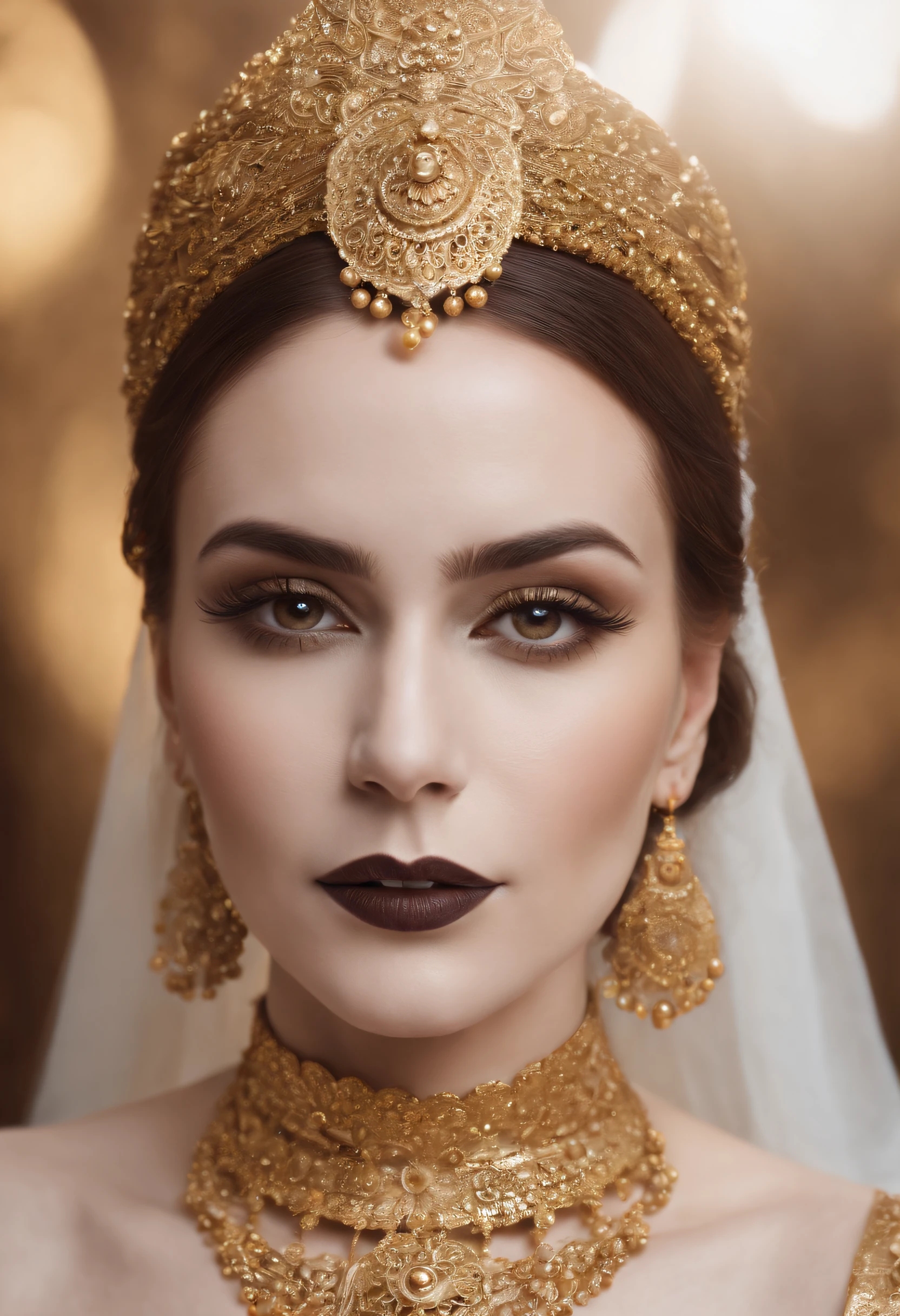 woman dressed golden and gold makeup,in the style of skull motifs,covered in luxurious jewelry, jewelry, luxury, dark white and dark bronze, jewelry by painters and sculptors,high details,realistic,ultra intricate detailing, 8k, Cinematic Lighting, cinematic