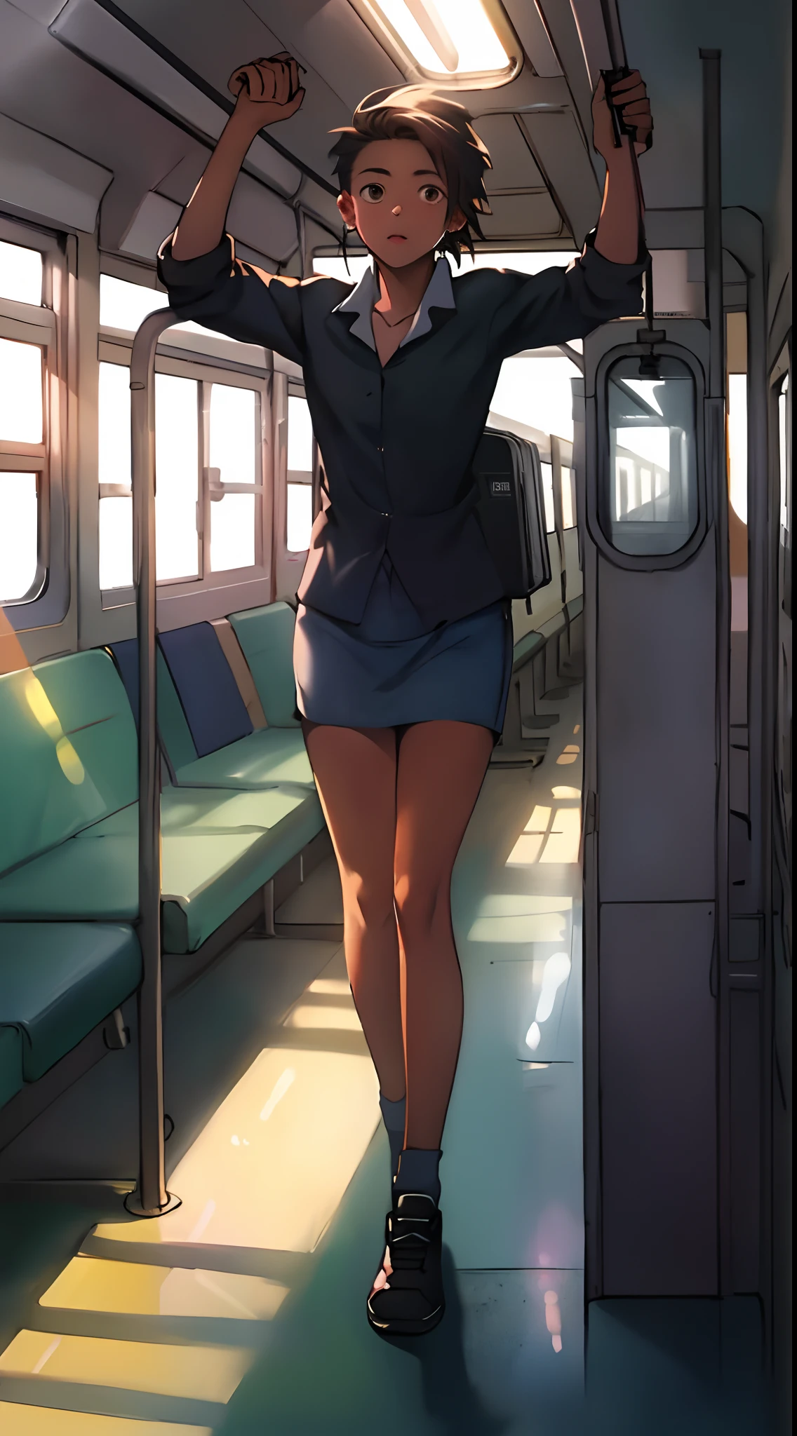 Anime girl in short skirt and boots on subway train - SeaArt AI