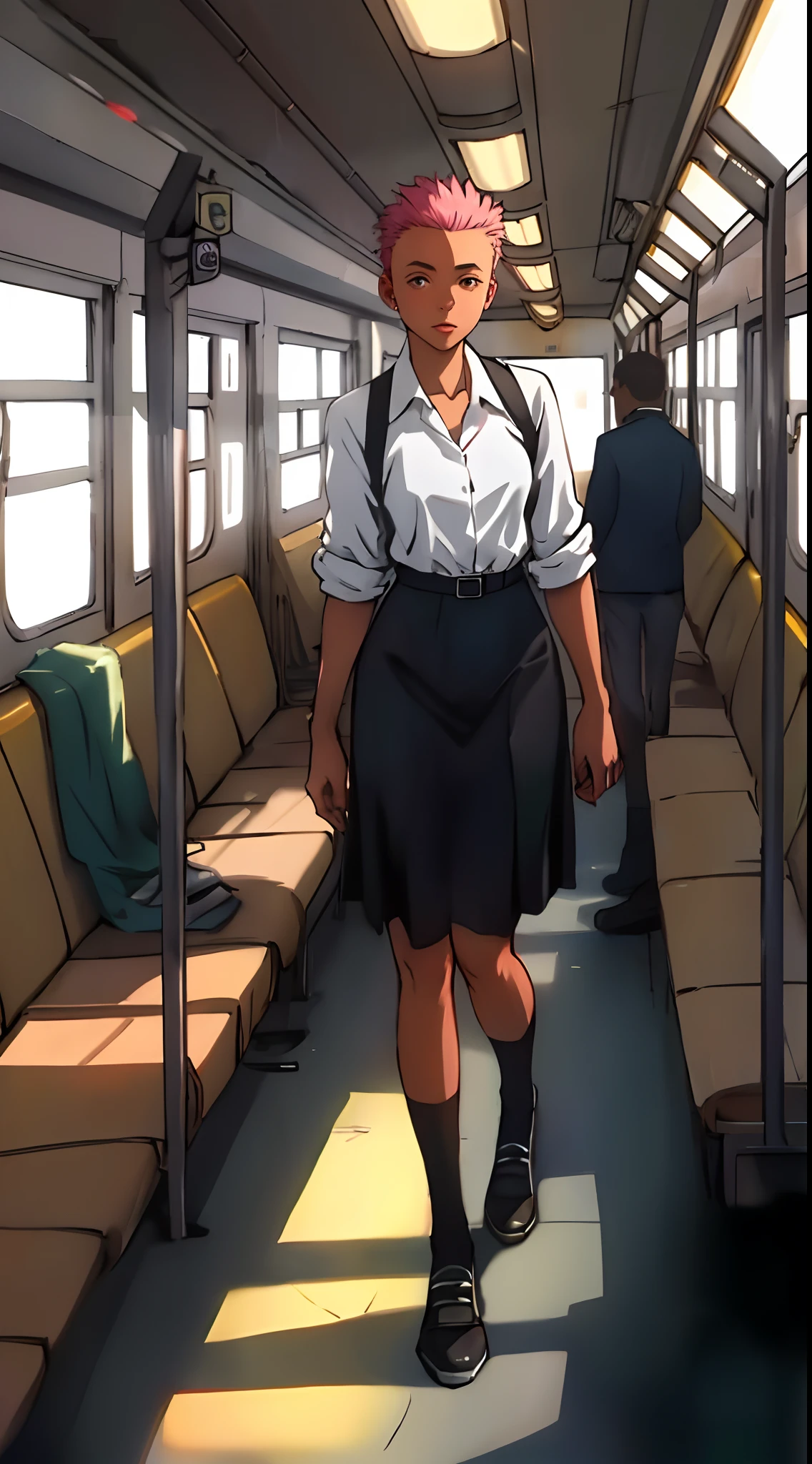 Anime character in a train car with a pink hair and a white shirt - SeaArt  AI