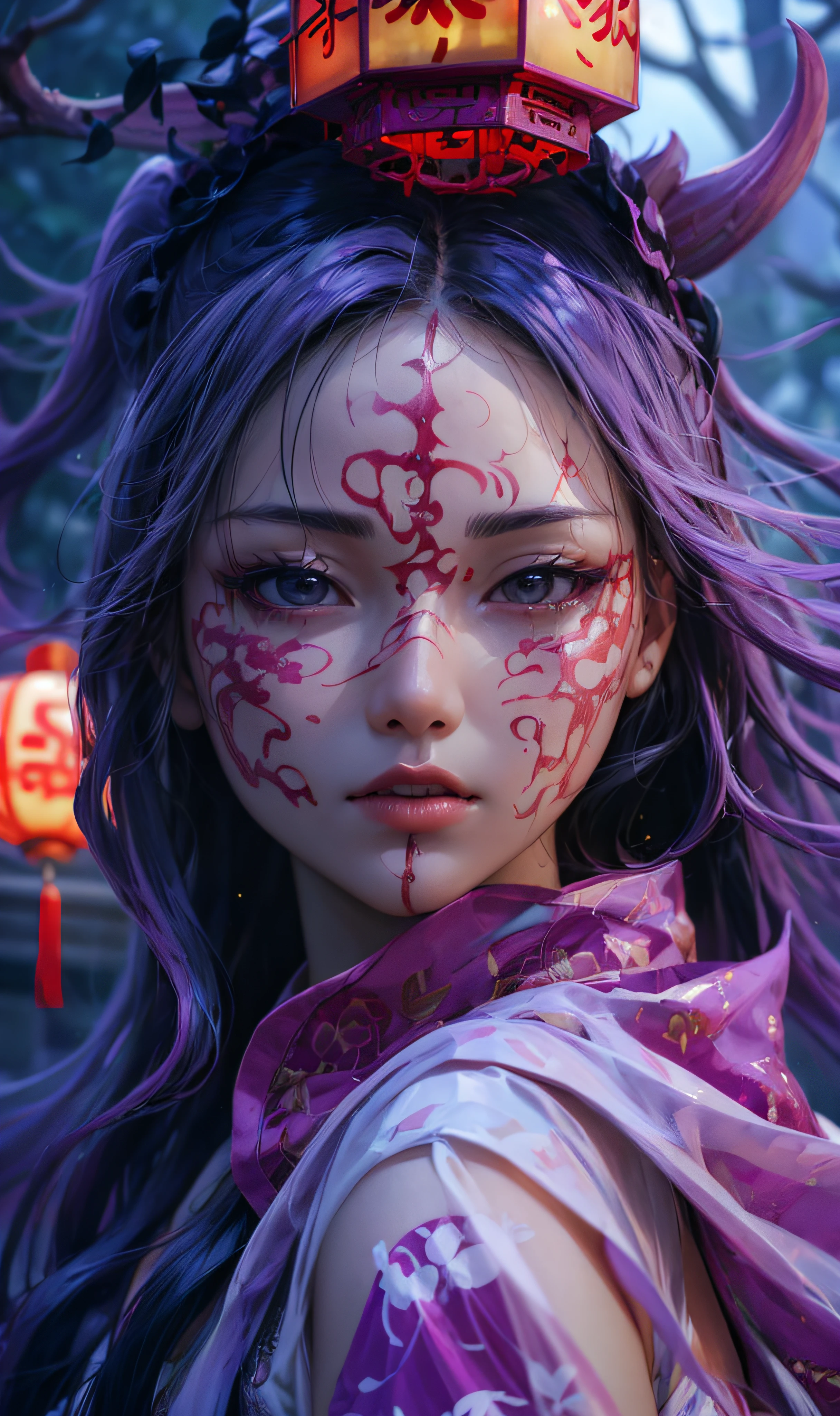 ((huapighost)),1fille,cheveux violets,jardin,1fille,folklore chinois,