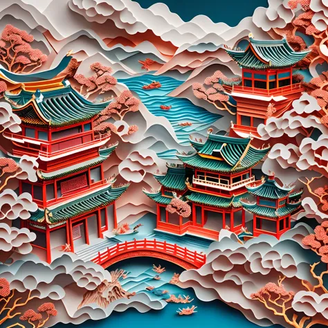paper cut out，Charming Chinese garden scenery，Chinese style buildings，mountain water，Sea of clouds，16k, Best quality, Masterpiece, UHD resolution, Reasonable composition