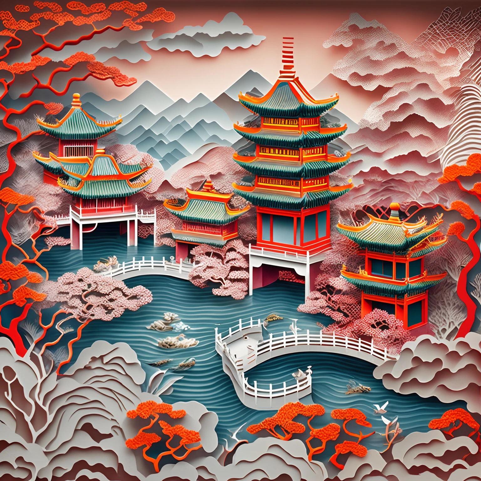 paper cut out，Charming Chinese garden scenery，Chinese style buildings，mountain water，Sea of clouds，16k, Best quality, Masterpiece, UHD resolution, Reasonable composition