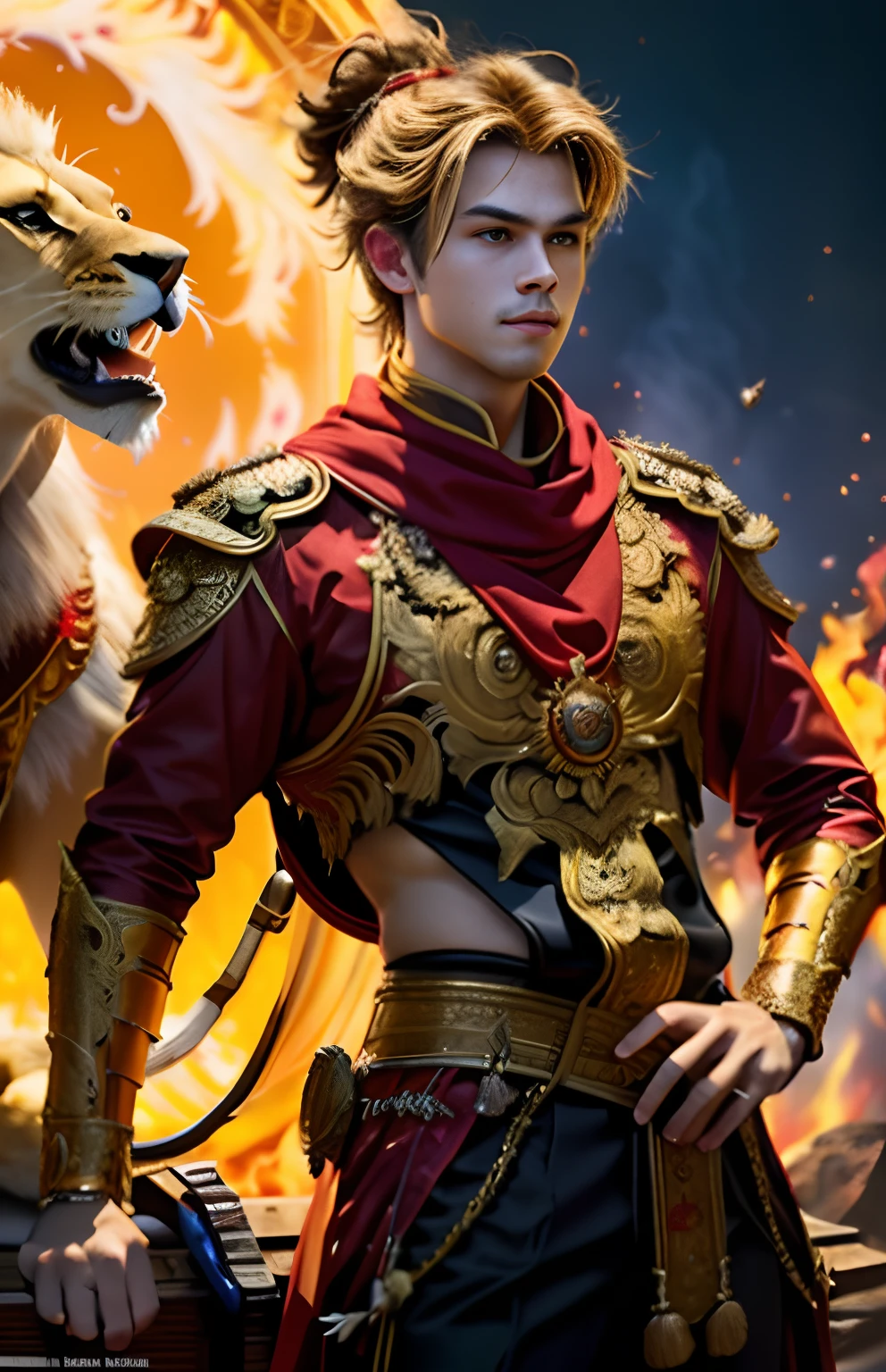 (1male) , The young man of the sun god sitting on the back of a lion looks interesting....................((Standing next to a lion)).,,Against the backdrop of flames and sun. (Updo crimson:1.2),(Medium Full Shot) Wearing full body armor...........,slight smile, (Red inner leather jacket)(Dark Armor 1.1) And a red robe............................,(Red long scarf) (capes:1.2) Royal style family (embroidery:0.5) (Medium length hairstyles, blonde)., skinny (Gorket Luckcart Poldron :1.3), (Cow symbol on armor), (masterpiece:1.2) (illustration:1.1) (bestquality:1.2) (Detailed) (intricate) (10) (HDR) (wallpaper) (Cinematic lighting) (crisp focus), Linewichit Style