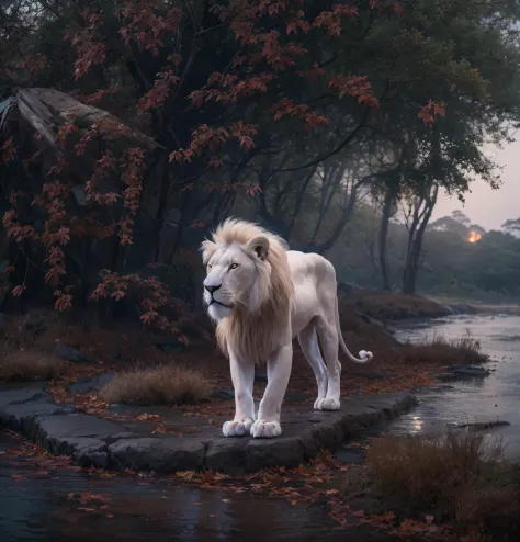 white lion, pelo molhado, chuva forte, em uma margem de rio, Vibrantly colored vegetation in the environment, ultra detalhado, o...