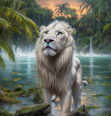 white lion, pelo molhado, chuva forte, em uma margem de rio, Vibrantly colored vegetation in the environment, ultra detalhado, o...