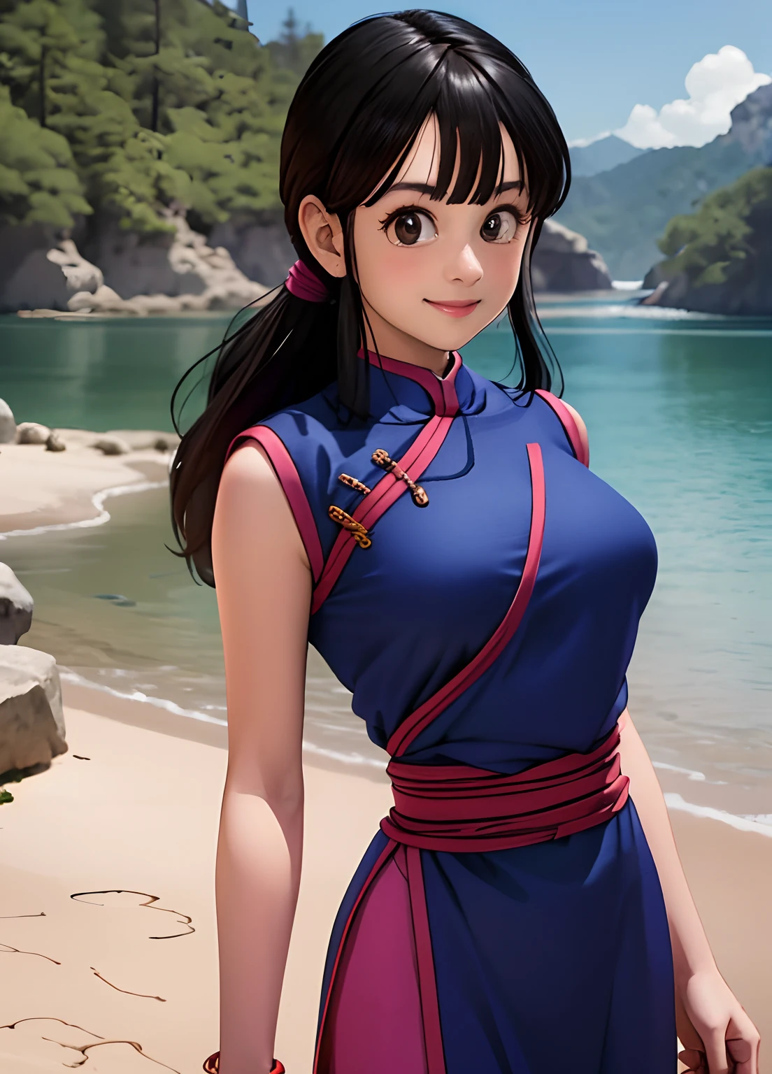 Masterpiece, Best Quality, highest qualityr, photorealistic, Perfect Anatomia, Perfect face, Perfect eyes,DBZCH1CH1, side locks, unique bangs,brown eyes,),Red Bracelets, sexy blue chinese clothing, Mostrar thigts, showing thighs, animated eyes, very realistic eyes,spectacular landscape,backgeound of  budokai tenkaichi tournament japan,neckline, neckline,beautiful smile,trusted, crossed arms,confident smile,black hair,background of a ring tournament fight japanese, showing breasts