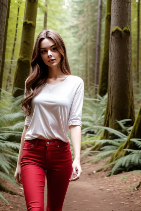 A photo ((portrait)) of a young woman walking in a forest, looking at the viewer. long hair, thin lips, red, flirting with the camera. Wearing dark jeans and a white top.