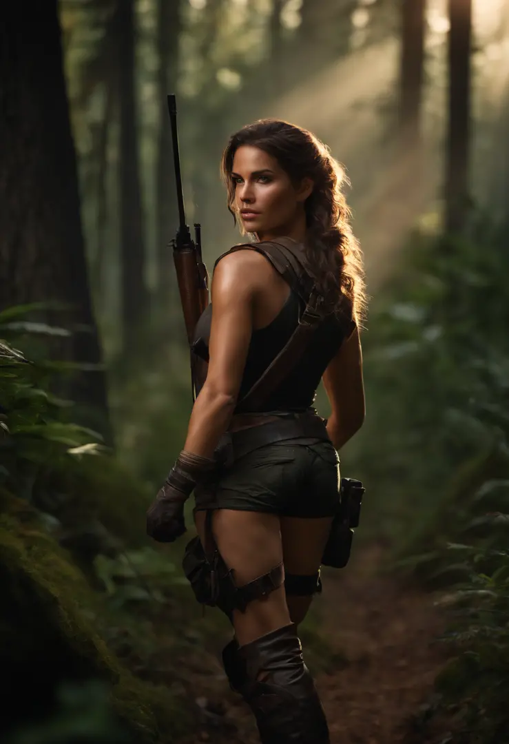 masterpiece, Lara Croft  walking through forest, sunset in the background, (high detail:1 1), white top, black shorts, black army boots, rough face, natural skin, high quality, nsfw, beautiful eyes, (detailed face and eyes), (face: 1 2), long curly hair, n...