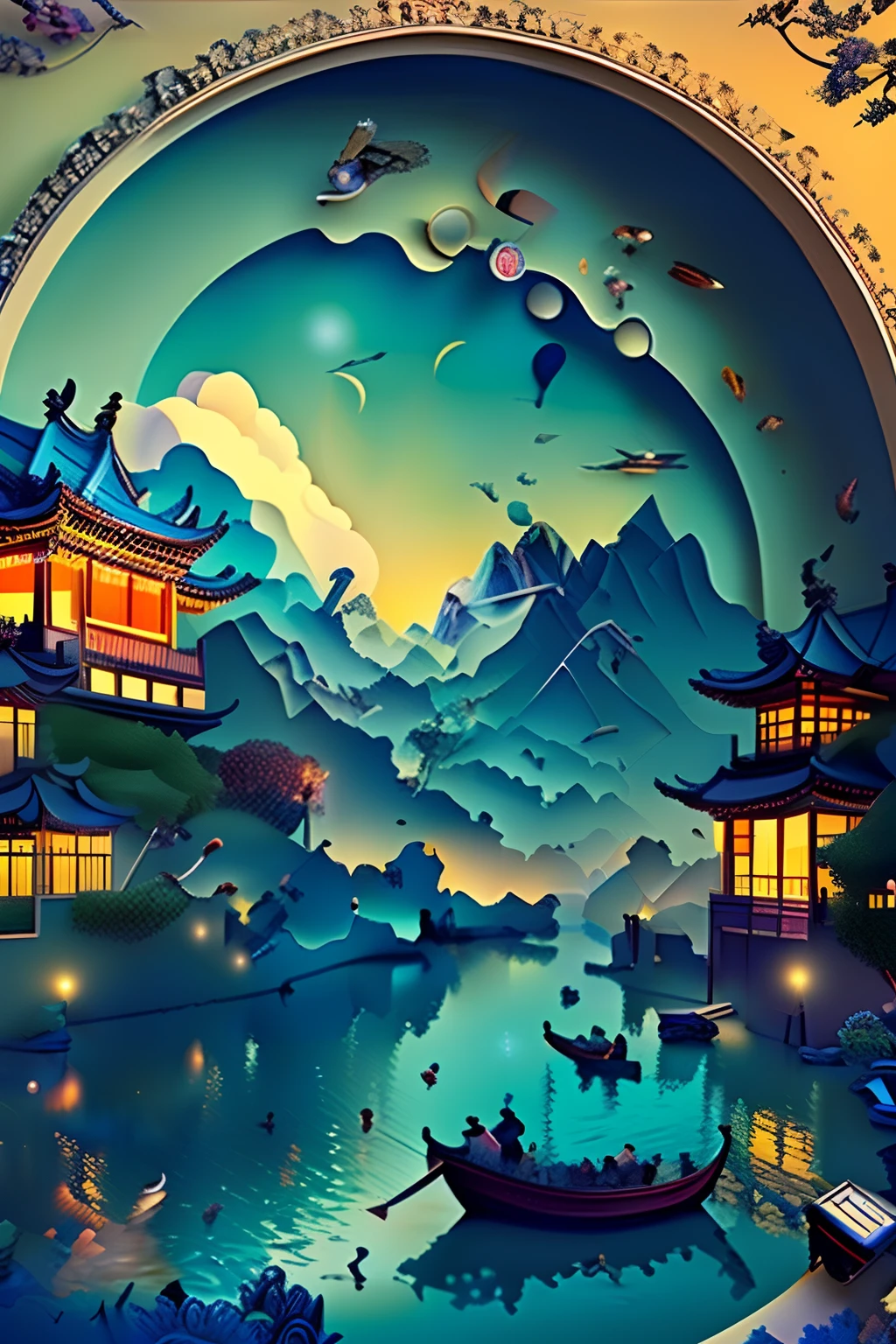 ((((Masterpiece))), Best quality, Illustrations, Beautiful details glow,
Paper_cut, Charming Chinese garden scenery，Chinese style buildings，mountain water，mountain ranges， rios， Auspicious clouds， Pavilions，