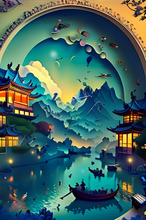 ((((Masterpiece))), Best quality, Illustrations, Beautiful details glow,
Paper_cut, Charming Chinese garden scenery，Chinese styl...
