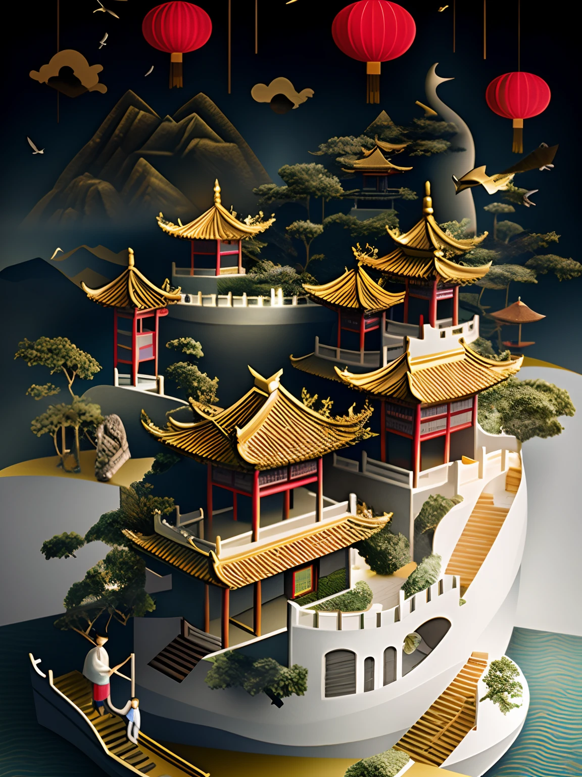 Charming Chinese garden scenery，Chinese style buildings，mountain water，mountain ranges， rivers， Auspicious clouds， Pavilions， rays of sunshine， tmasterpiece， super detailing， Epic composition， hyper HD， high qulity， extremely detaile， arte em papel cortado， Unity 8k wallpaper， super detailing， 32k -- V 6