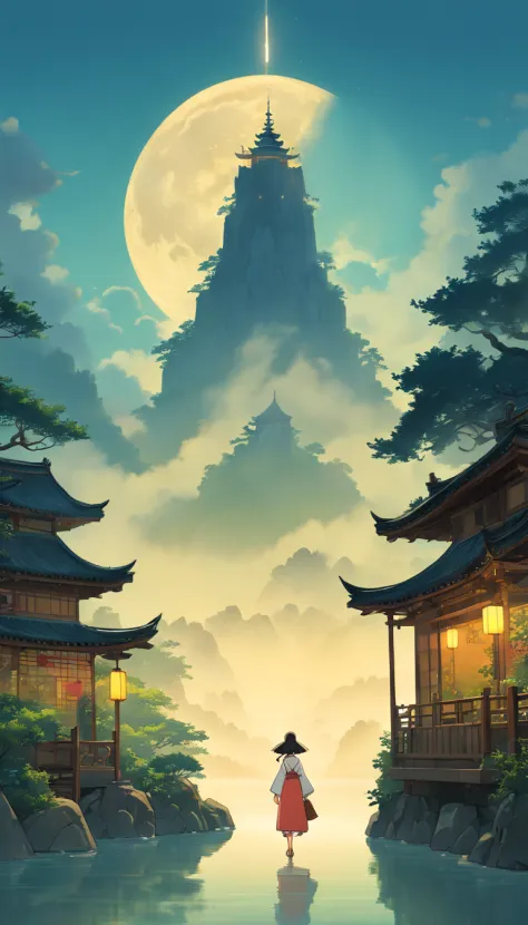 unmanned , outdoors , night , dream ,( dense fog :1.4), circular moon , mountain , river , the golden bough , sky , gold decoration ,
( minimalism :1.4), chinese classical art , yellow long upper shan , movie poster , a minimalist background ,3D, clean scr...
