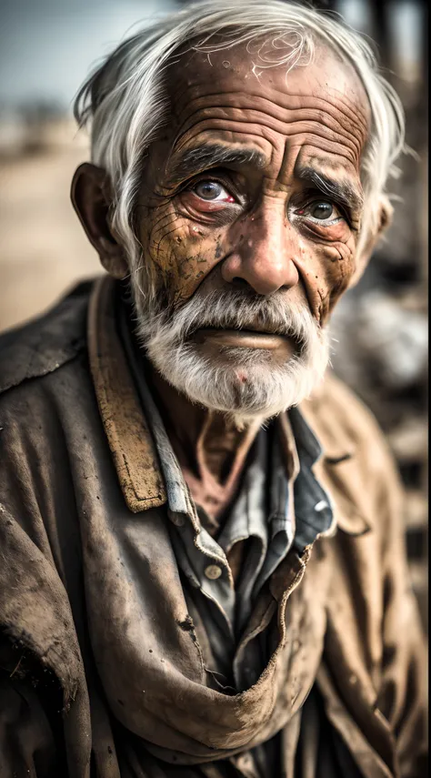 black and white Raw photo of an old man with a beard and a white shirt ...