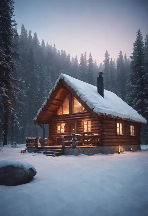 Wooden house, in the snowy landscape, enchanted inside winter forest ...