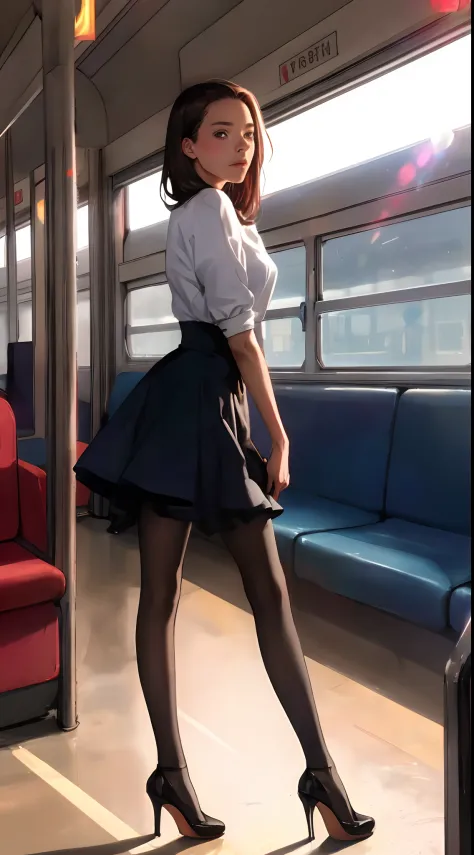 ((Robert Downey as a 14-year-old pre-teen girl)), dress, waist-high black tights, high heels, full-length photo, very fair skin, shaved hair, busy train carriage, sunset, photorealistic, indirect lighting, volumetric light, ray tracing, hyperdetailed