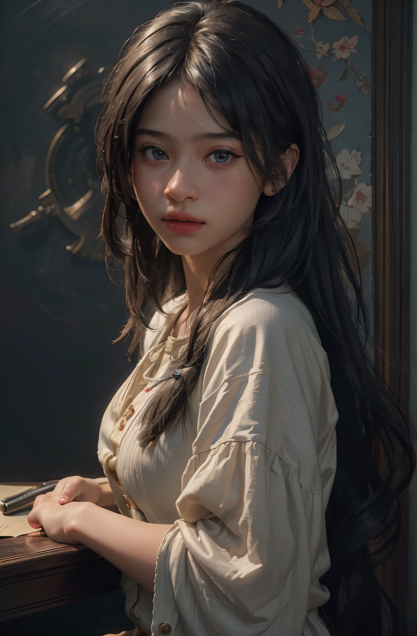(RAW photo, best quality), (realistic, photo-realistic:1.3),best quality,highly detailed,masterpiece,ultra-detailed,illustration,1girl,upper_body,dynamic angle,world masterpiece theater,messy_long_hair,best quality,extremely detailed CG unity 8k wallpaper,ink,Amazing,cinematic lighting,lens_flare, dunhuang_style