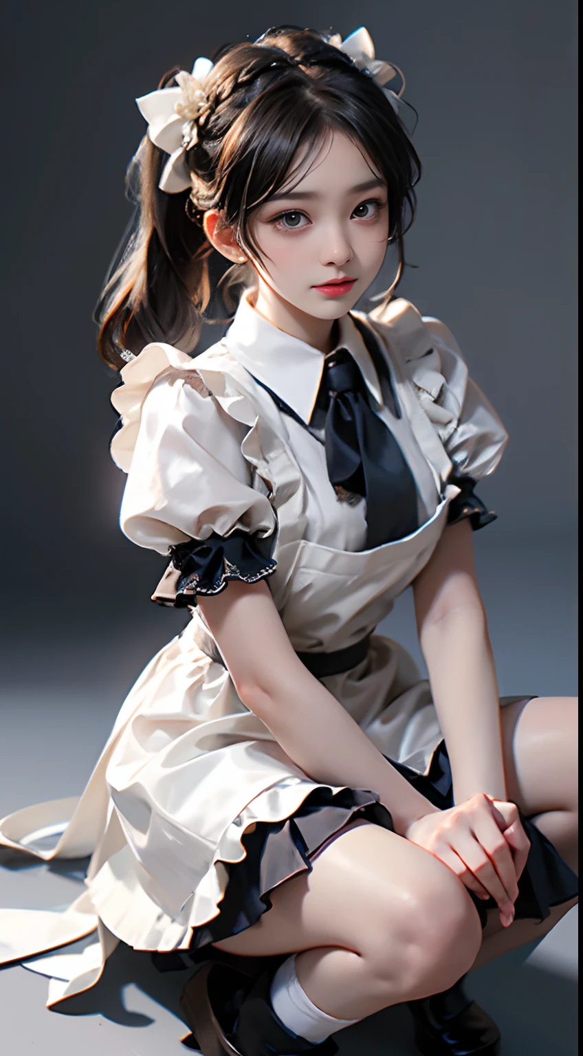 Top quality, Masterpiece, Ultra-high resolution, (Photorealistic: 1.4), RAW photo, 1 girl, English maid, Ruffled maid headband, pony tails, Braided hair, Ruffle blouse, Ribbon Ties, aprons, Long skirt, Puff sleeves, White silk ankle socks，frilld, Glowing skin, No gray background, Flowers, crouched