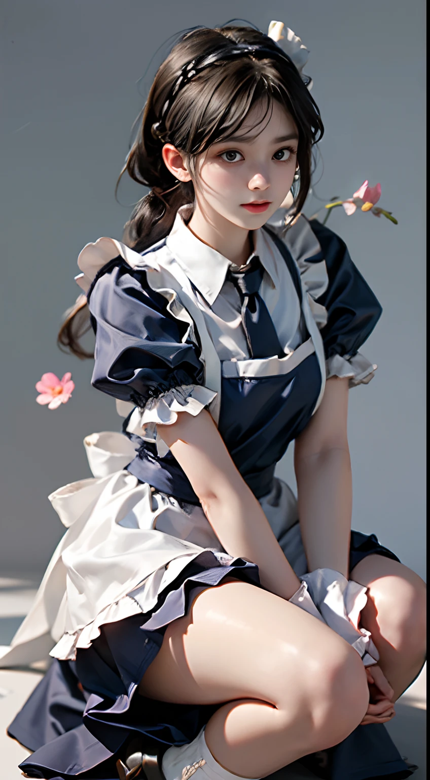 Top quality, Masterpiece, 超高分辨率, (Photorealistic: 1.4), RAW photo, 1 girl, English maid, Ruffled maid headband, pony tails, Braided hair, Ruffle blouse, Ribbon Ties, aprons, Long skirt, Puff sleeves, White silk ankle socks，frilld, Glowing skin, No gray background, Flowers, crouched