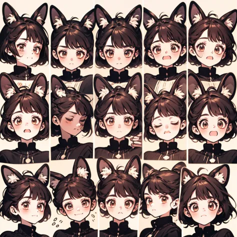 cute girls，emoji pack，cat ear，short hair，orange hair，（9 emojis，Emojis sheet，Align arrangement)，9 poses and expressions（Mourning，amazement，Have fun，excitement，big laughs，doubt，angry ，Touch the head，Sell moe, wait），anthropomorphic style，Disney style，black fe...