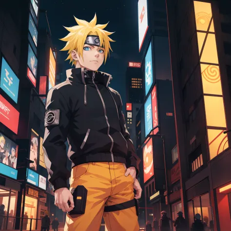 cyber punk, city, 1boy, yellow hair, blue eyes, cyborg, Uzumaki Naruto