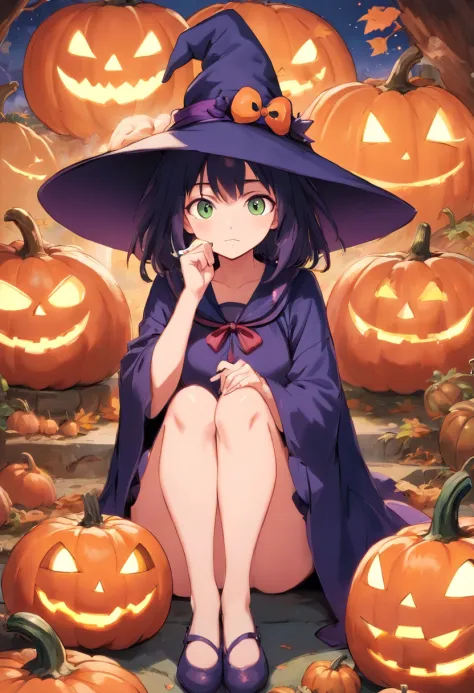 bien en ccheveux,1fille,sitting on 1Strange pumpkin,full body view,Fond de citrouilles effrayantes,Dressed as a witch,Big witch's hat,cuisse_Hauts,Mini_jupe,grand_Hanches,odd,Ghosts, Halloween, gigantesque_poitrine,cleavage cutout,rougissant,Ahegao_visage,...