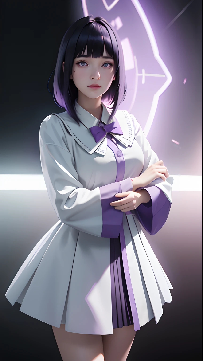 cute young woman, ultra high quality, volumetric, bioluminescence, luminism, pink-lavender, global illumination, ambient occlusion, masterpiece, art by Ilya Kuvshinov, omimoji, busy image, Tokyo anime awards winner, octane render, unreal engine 5,Blunt Bangs, purple eyes, long dark blue hair