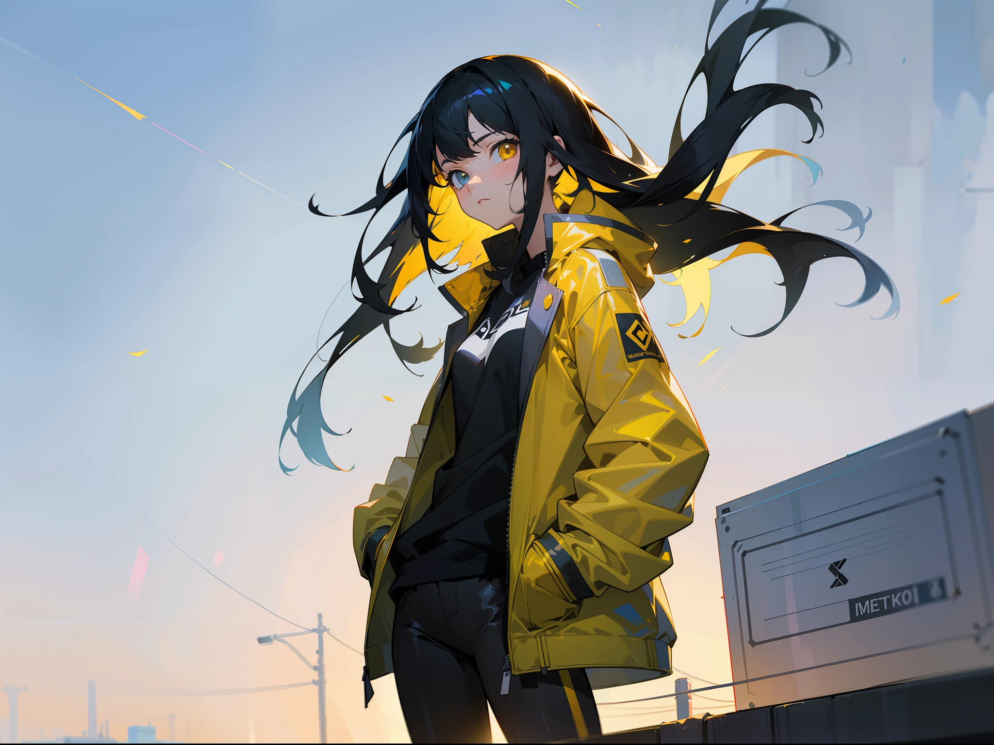 A girl, yellow jacket, hands in pockets, staring at another person, long black hair, heterochromic eyes, heterochromic eyes, heterochromic pupils, 8k resolution, very detailed, anatomically correct, digital painting, concept art, Makoto Shinkai style, clear picture,