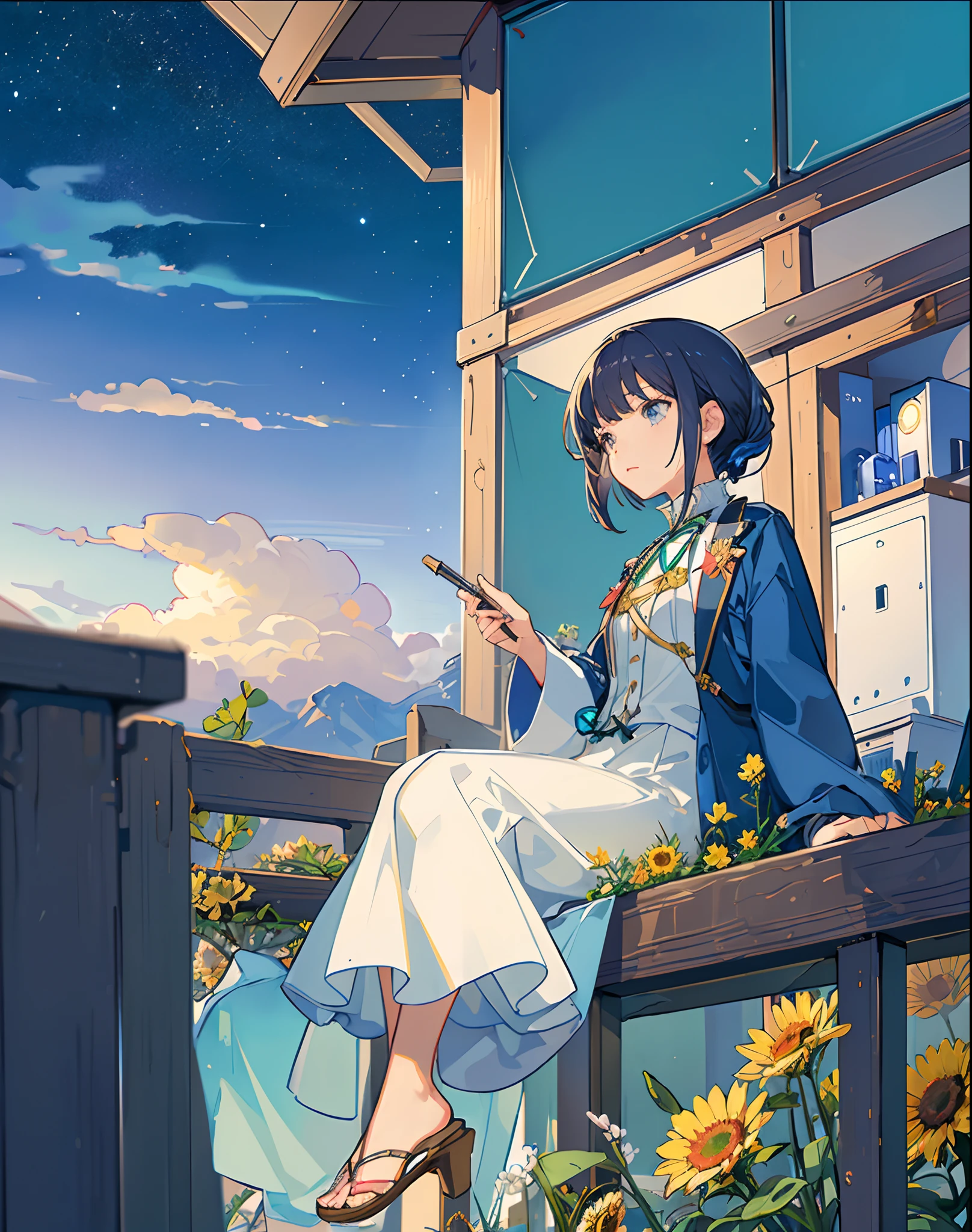 best quality, masterpiece, extremely detailed, detailed background, anime, 1girl, young girl, short girl, sci-fi, science fiction, outdoors, night, starry sky, greenhouse, megastructure, bio-dome, landscape, scenery, horizon, rooftop, sitting on rooftop, wind, looking away, atmospheric lighting, solo focus, close up, from side, depth of field, bokeh