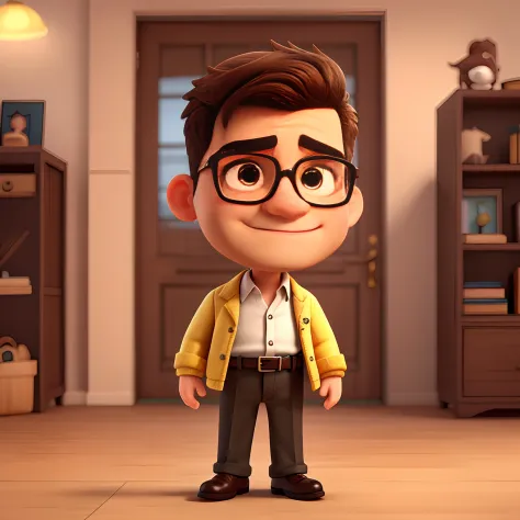 Cute small 38-years-old male investor , huge head, shot Undercut hair , wearing Round gold thin frame glasses, highly detailed eyes，front-facing, fit, looks like a boss, full body view, highly detailed hands ，Toy figures,best quality, 3d cartoon，full body ...