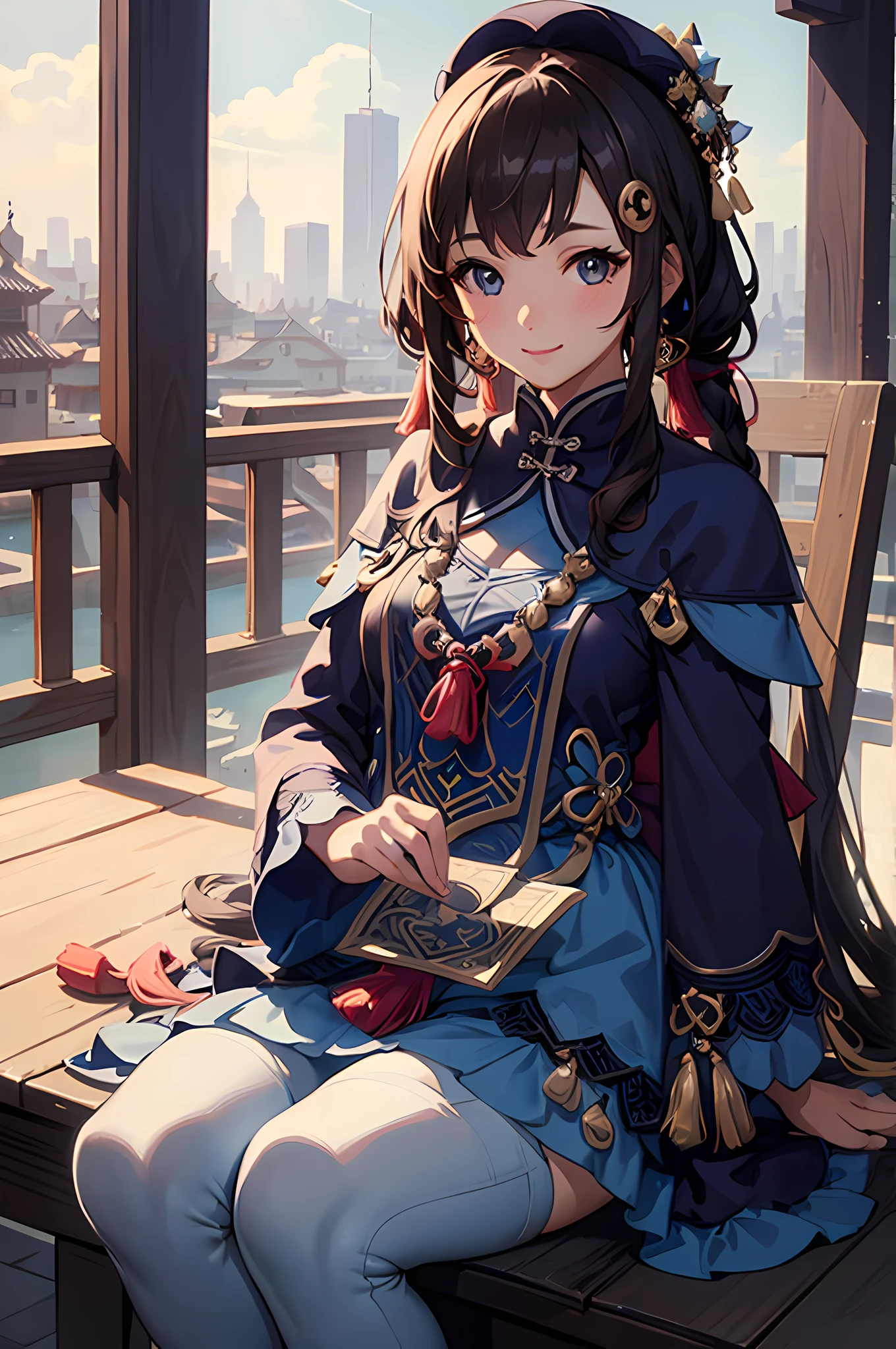 (best quality,8k,masterpiece:1.2),ultra-detailed,realistic,photorealistic:1.37,cute,girl,perfect eyes,expressive eyes,smile,blush,looking at viewer,sitting,small height,chinese background,cityscape,moody lighting,ray tracing