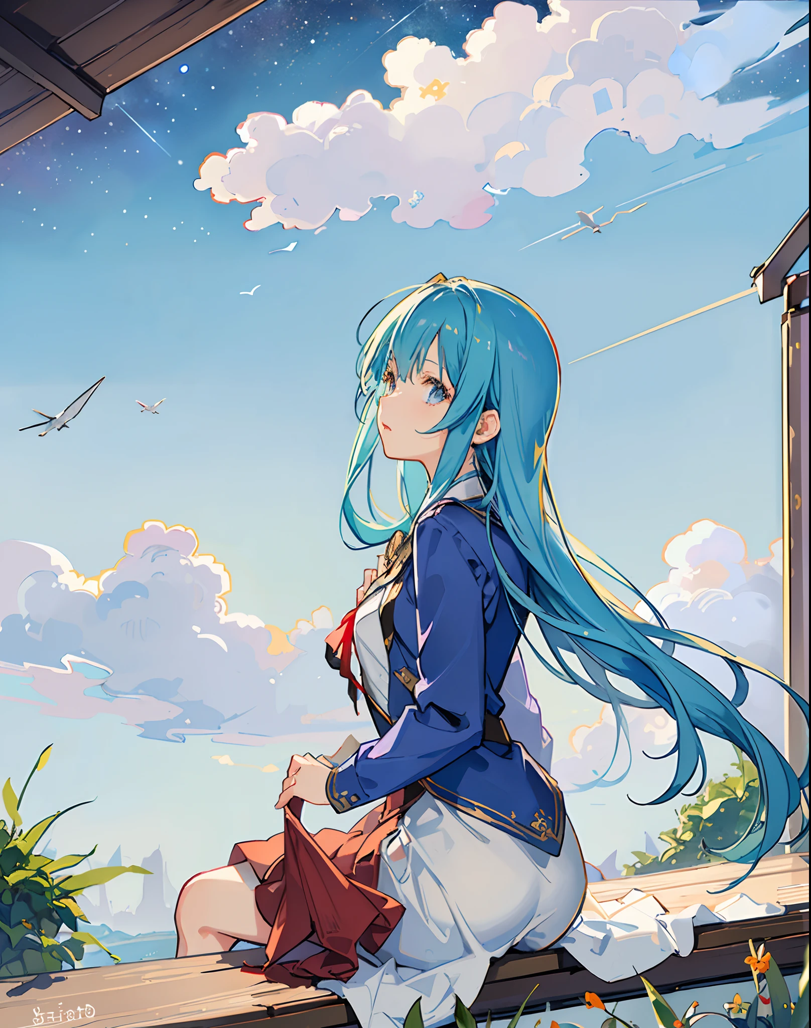 best quality, masterpiece, extremely detailed, detailed background, anime, 1girl, young girl, short girl, sci-fi, science fiction, outdoors, night, starry sky, greenhouse, megastructure, bio-dome, landscape, scenery, horizon, rooftop, sitting on rooftop, wind, looking away, atmospheric lighting, solo focus, close up, from side, depth of field, bokeh