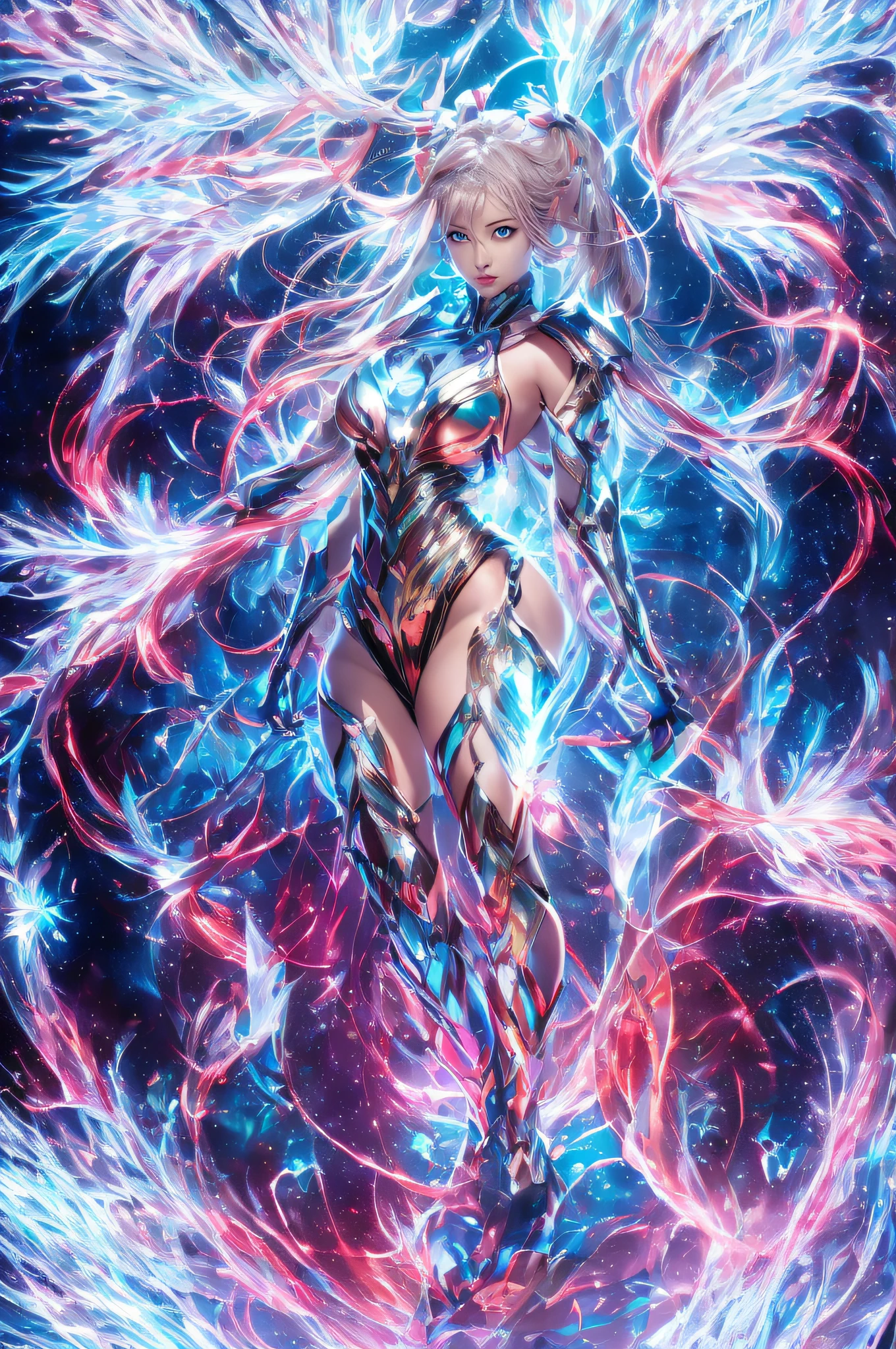 ((Top Quality, 16k, Masterpiece: 1.3)), photorealistic, extremely detailed CG unity 8k wallpaper, Depth of field, Cinematic Light, Lens Flare, fashion model 28 years old, (extremely beautiful face, beautiful lips, beautiful eyes), (intricate detail face), ((ultra detailed skin)), I see Ultra Instinct surrounded by a purple aura and lightning (((full body shot))), 4k, 3D, Draw moving ice flames, [[chest]], neck, [[bodysuit lacy lace-upp]], (Intricate detailed multi-layer bodysuit lacy lace-upp), [shoulders], (((looking at viewer:1.8))), all feet and breasts shod in armor of silver glass, and cristals (corset), low braided long ((red hair)), 1Girl (big bust:1.5), ((narrow waist, slanderous legs)), perfect proportions, perky , (glaring ice eyes:1.1), The drawn enchanted fantasy land is frosty, with flying pieces of ice floating in the air and glowing energy crystals. this environment in the mist and magical vortex of thousands of ambient light elements, light reflections, including the environment (ice and crystals) glowing in the air. The girl's armor is made of silver glass, (oli face: 1.3), (snowflakes:1.5), ray tracing, (sparkle:1.5), UHD, (shiny:1.5), (light reflections:1.6), (crisp:1.7), Fujicolor, cinematic lighting, ((grayscale))