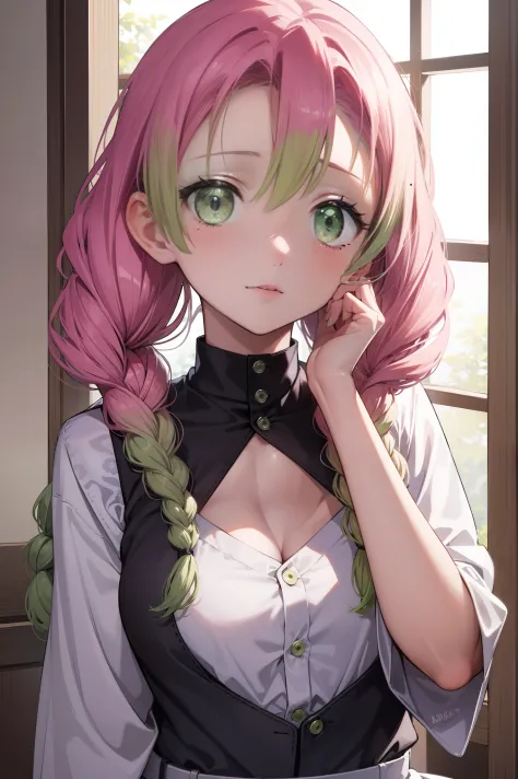 mitsurikanroji, mitsuri kanroji, braid, gradient hair, (green eyes:1.5), green hair, long hair, mole,  mole under eye, multicolo...