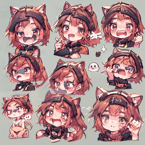 cute  girls，emoji pack，cat ear，red-haired，short hair,（9 emojis，emoji sheet，Align arrangement)，9 poses and expressions（Grieving，astonishment，having fun，excitement，big laughter，doubt，Angry，Touch your head，Sell moe, wait），Anthropomorphic style，Disney style，Bl...