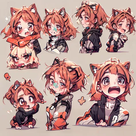 cute  girls，emoji pack，cat ear，red-haired，short hair,（9 emojis，emoji sheet，Align arrangement)，9 poses and expressions（Grieving，astonishment，having fun，excitement，big laughter，doubt，Angry，Touch your head，Sell moe, wait），Anthropomorphic style，Disney style，Bl...