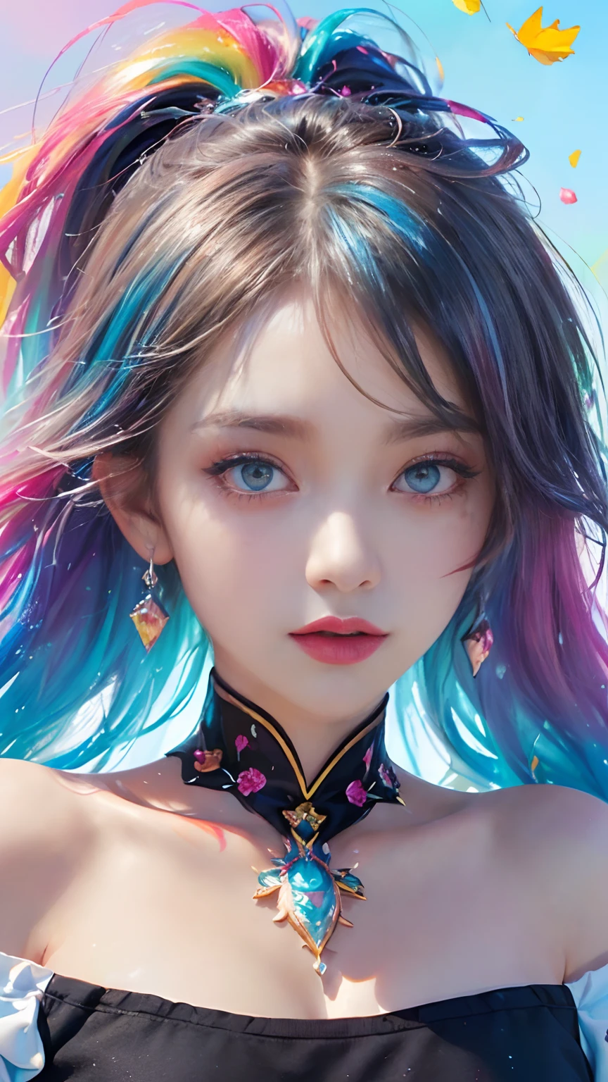 （Pink Fashion T-shirt：1.9），(Colorful hair: 1.8), (all the colours of the rainbow: 1.8),(((((vertical painting：1.6))), （painting：1.6），front, comics, illustrations, paintings, large eyes, crystal clear eyes,（ rainbow color gradient high ponytail：1.7）, exquisite makeup, closed mouth,(Small Fresh: 1.5),(Wipe Chest: 1.6) ，long eyelashes, white off shoulder T-shirt,  White Shoulder Shirt，looking at the audience, large watery eyes, (rainbow colored hair：1.6), color splash, （solo：1.8）, color splash, color explosion, thick paint style, messy lines, ((shining))，(colorful), (colorful), (colorful), colorful, Thick Paint Style, (Splash) (Color Splash), Vertical Painting, Upper Body, Paint Splash, Acrylic Pigment, Gradient, Paint, Highest Image Quality, Highest Quality, Masterpiece, Solo, Depth of Field, Face Paint,  colorful clothes, (Elegant: 1.2), gorgeous,long hair, wind, (Elegant: 1.3), (Petals: 1.4)，(((masterpiece))),(((best quality))),((ultra-detailed)),(illustration),(dynamic angle),((floating)),(paint),((disheveled hair)),(solo),(1girl) , (((detailed anima face))),((beautiful detailed face)),collar,bare shoulders,white hair, ((colorful hair)),((streaked hair)),beautiful detailed eyes,(Gradient color eyes),(((colorful eyes))),(((colorful background))),(((high saturation))),(((surrounded by colorful splashes))),