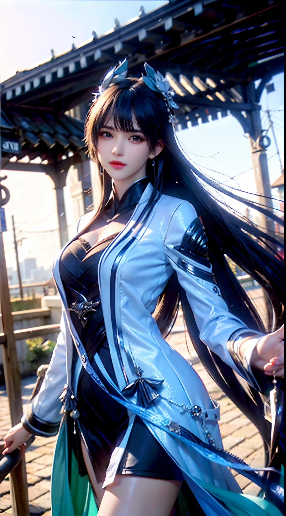 Cosplays de anime de una mujer con cabello largo y negro y un vestido azul  - SeaArt AI