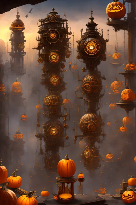 A Clockwork Pumpkin Lantern、Steampunk lab with complex machinery、Skyscraper Steampunk Building at night without people in the ba...