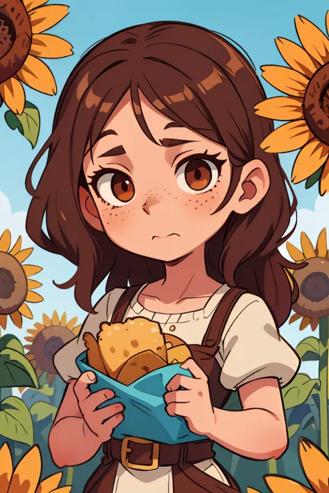 a  girl, with brown hair,  the eyes are brown, medieval dress, freckles on her face, eats chips, loves sunflowers