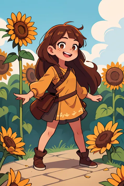 A  girl, with brown hair, Brown eyes, Medieval dress, freckles on her face, skateboarding;, loves sunflowers, Smiling, standing ...