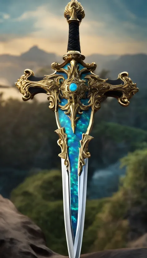 Excalibur, Delicate mango, The sword body is exquisite，well decorated,（((The body of the sword is designed with a blue opal and a light green particle effect shaped pattern..：1.3))), Should, (The sword body is symmetrically decorated:1.3), (The entire Exca...