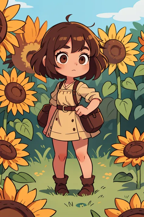 A  girl, with short brown hair, Brown eyes, Medieval dress, freckles on her face, loves sunflowers, At the Standing Pose picnic,...