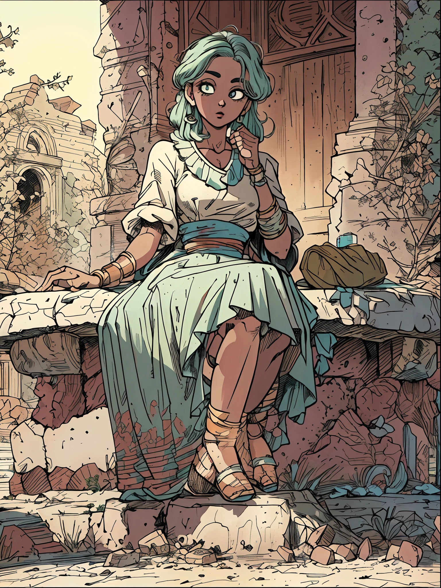 village belle sitting on a stone table, (extremely detailed face and eyes), (mature face), spread legs, , ancient ruins background, beautiful shadow and lighting, retro fashion, muted pastel colors